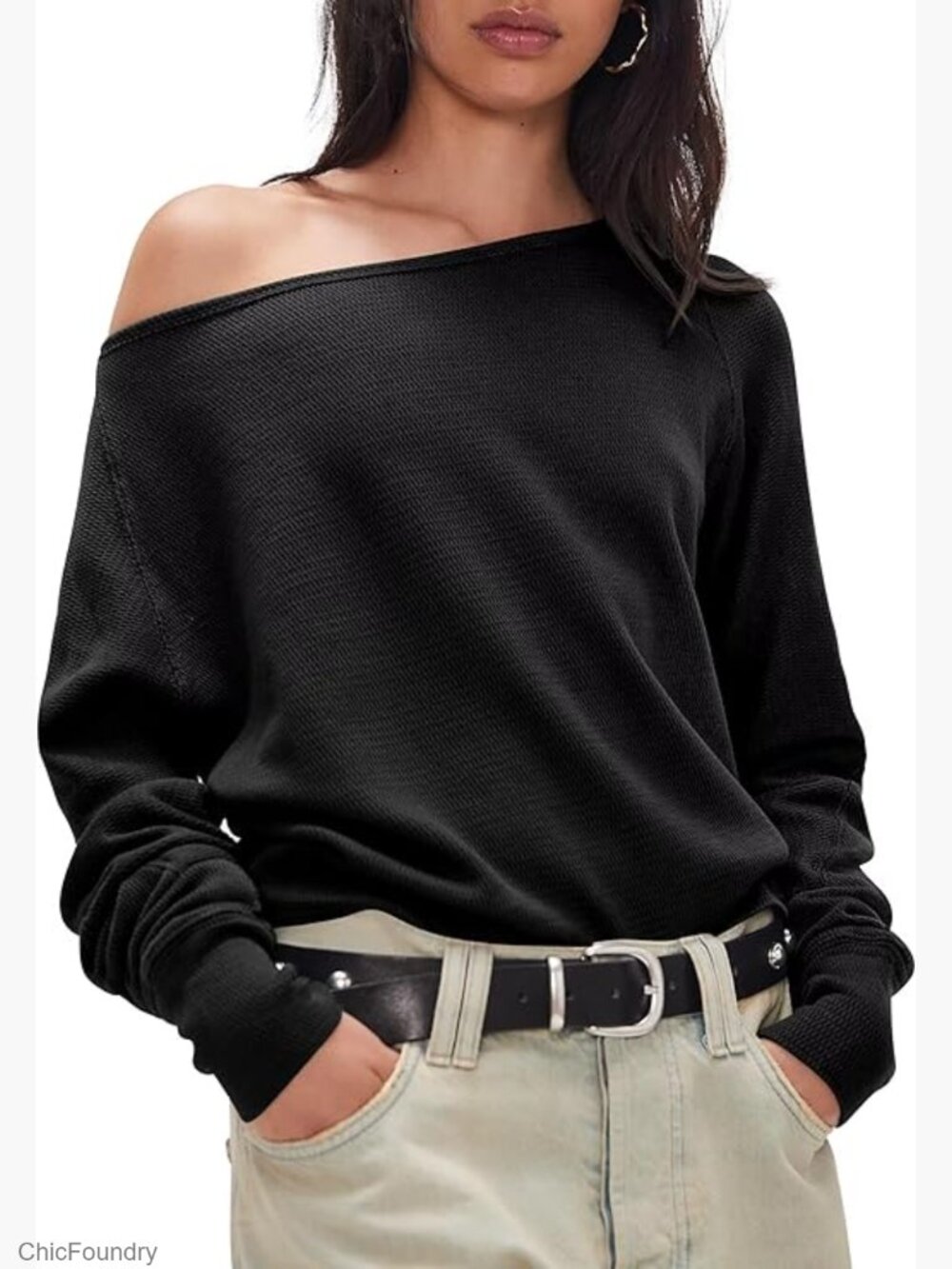 Off Shoulder Long Sleeve Tunic Blouse Loose Fit Knit Pullover
